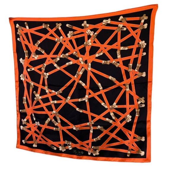 Hermès Silk Scarf Très Kelly Handbag Turnlock Motif Black Orange 70cm 26” - Picture 9 of 13